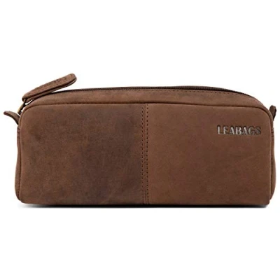 Afbeelding van LEABAGS lederen pennenetui, grote echt etui, pennenetui voor werk, universiteit, school, leren naturel, donkerbruin