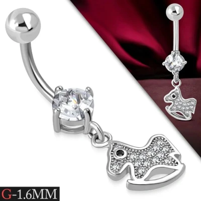 Afbeelding van Chirurgisch stalen navelpiercing met hanger hobbel paard zilverkleurig