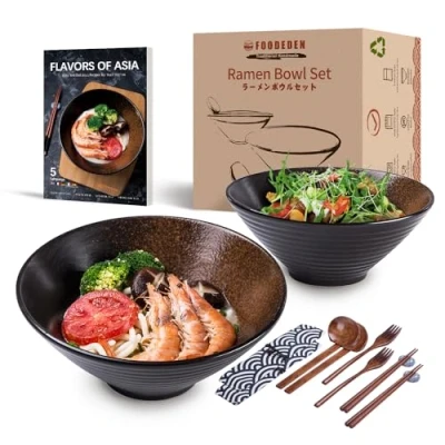 Afbeelding van Ramen kom KERAMIK, 2 x 1500 ml Japanse serviesset, antislip soepkom met lepel en eetstokjes, voor pasta, muesli salade, van traditioneel handwerk