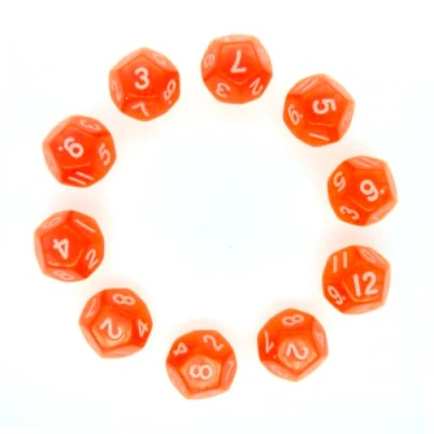 Afbeelding van D12 Dobbelstenen, 10 stuks veelvlakkige dobbelstenen set helder 12 zijdige yoga voor DND MTG RPG kerkers en draken feest 20 mm transparant oranje