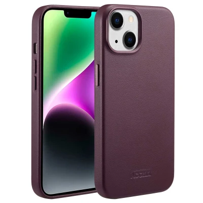 Afbeelding van Apple iPhone 14 MagSafe Hoesje Echt leder Accezz Backcover Paars Telefoonhoesje