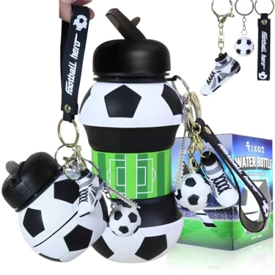Afbeelding van RIXOZ Voetbalwaterfles 550 ml opvouwbare watercontainer voor kinderen, siliconen herbruikbare waterflessen jongens en meisjes, lekvrije BPA vrije drinkbeker met stro coole reisaccessoires