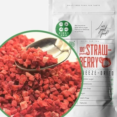 Afbeelding van Gevriesdroogde Aardbei Stukjes Freeze Dried fruit Strawberry Pieces Vegan Glutenvrij Gefriergetrocknete Erdbeeren Gedehydrateerd Gedroogde Puur Natuurlijke Fruitsnack ZingyZoo