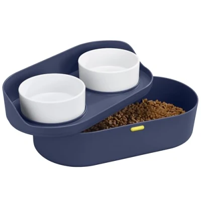 Afbeelding van Navaris verhoogde Voerbak set met standaard 2 melamine voerbakken incl. houder opslagruimte voor voer kat hond blauw
