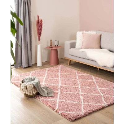 Afbeelding van Hoogpolig Vloerkleed Ruiten Artisan Roze/wit 60x110 Cm