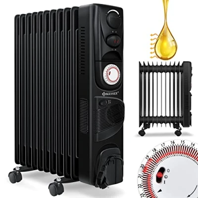 Afbeelding van KESSER® olieradiator elektrische, energiebesparende radiator, timer geïntegreerde 4 verwarmingsniveaus, thermostaat veiligheidsuitschakelfunctie (11 Rippen 2500 Watt + Lüfter, Schwarz)