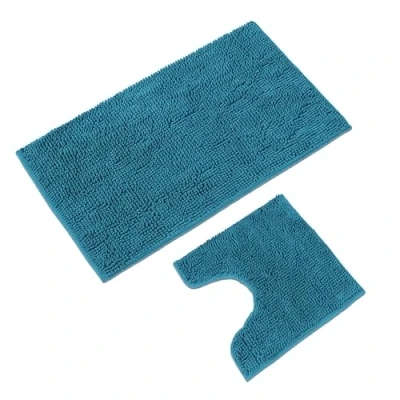 Afbeelding van WohnDirect Badmatset, 2 delig, petrol, wc mat (45x45cm), badmat (50x80cm), antislip, wasbaar, badkamertapijt met uitsparing