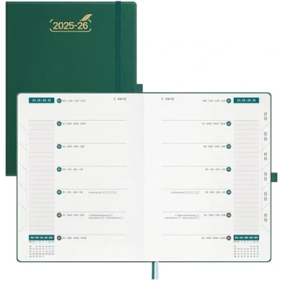 Afbeelding van BEZEND 18 maandskalender 2025 2026 Agenda A4 1 Week 2 Pagina&#039;s met Kolommen, Weekplanner van Juli tot December 2026, Boek Kalender Pu leren Hardcover, Bosgroen