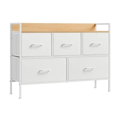 Afbeelding van SONGMICS ladekast, kast, 5 stoffen lades met handgrepen, metalen frame, industrieel design, wolk wit eiken beige LTS135W01