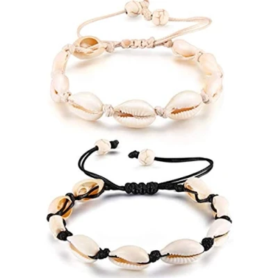 Afbeelding van 2 Stuks Verstelbare Shell Armbanden Enkelbanden Set Natuurlijke Cowrie Kralen Puka Zeeschelpen Enkelsieraden voor Mannen Vrouwen (Wit+Zwart), 7.8 to 15 inches,
