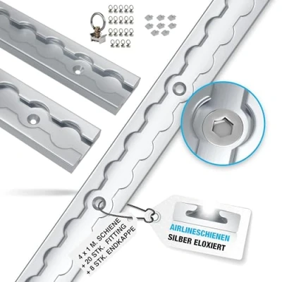 Afbeelding van NTG 4 x 1 m aluminium airline rail sjorrail vierkant, met gaten 1000 mm Startset, Ladingzekering voor vrachtwagens en stacaravans, Geboorde sjorrail, geanodiseerd zilver