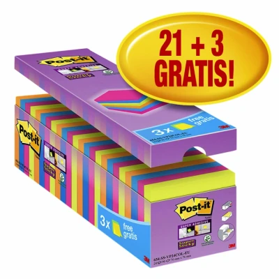 Afbeelding van Memoblok 3M Post it 654 Super Sticky 76x76mm 21+3 gratis assorti