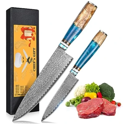 Afbeelding van oFuun keuken messenset 2PCS, koks messenset, 67 lagen stalen lemmet Japanse messen 20CM koksmes, 12,6CM universeel mes