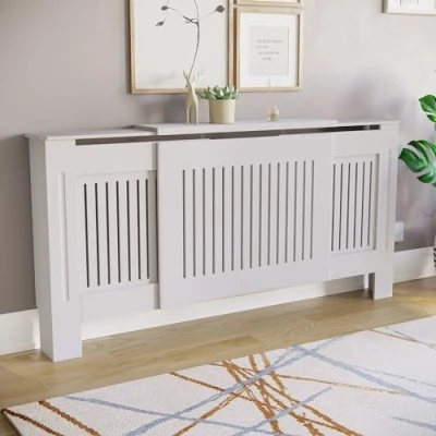 Afbeelding van Vida Designs Chelsea verstelbare radiatorafdekking, moderne latten, grilllatten, wit gelakte MDF kast (H: 82 / B: 140 204 D: 20,5 cm)