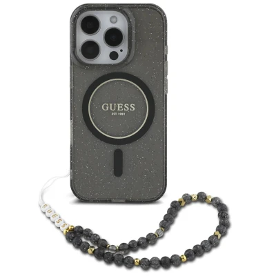 Afbeelding van Guess Hoesje Geschikt voor iPhone 16 Pro Met Koord MagSafe IML Case with beads strap zwart