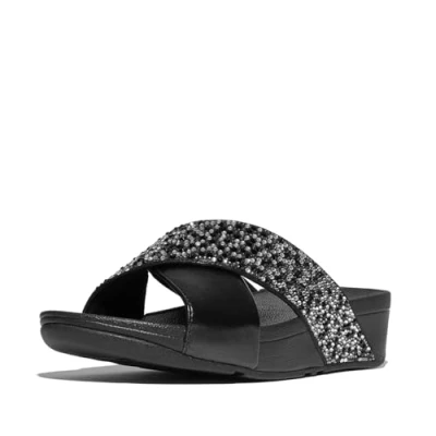 Afbeelding van FitFlop Lulu Crystal Mix Metallic Cross Slides ZWART Maat 36