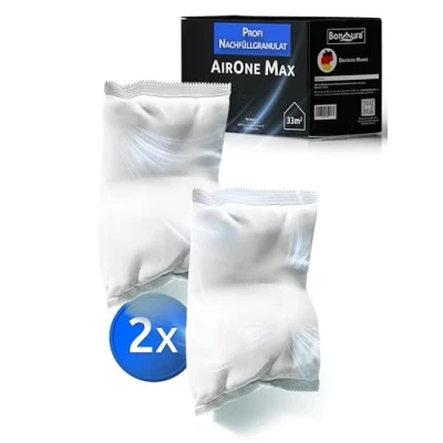Afbeelding van BonAura® AirOne Max luchtontvochtiger zonder stroom tot 33 m², 360 graden ventilatie, kamerontvochtiger met schenktuit en 980 g granulaat, ruimteontvochtiger, kelder, 2 x