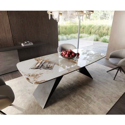 Afbeelding van DELIFE Eetkamertafel Edge Boot 200x100 keramiek Minas Melange wit beige V frame vlak staal zwart