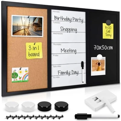 Afbeelding van Navaris weekplanner Prikbord, whiteboard en krijtbord in één Magnetisch planbord 70 x 50 cm Met krijt, marker, magneten punaises