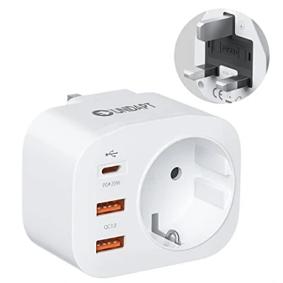 Afbeelding van Unidapt Reisadapter UK adapter Duitsland Engeland stekker met 3 USB 1 type C PD 20 W, 2 voudige stekkeradapter G, reisstekker stroomadapter voor Ierland Groot Brittannië muur lader laadstation