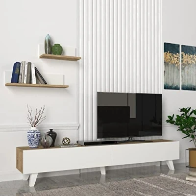 Afbeelding van [en.casa] TV meubel met plankenset Saarijärvi eiken en wit