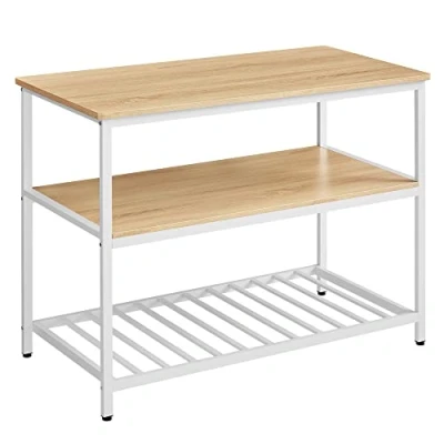 Afbeelding van VASAGLE Keukeneiland met groot werkblad, keukenrek 3 niveaus, stalen frame, 60 x 120 90 cm, moderne stijl, eenvoudig te monteren, eiken en wit KKI001W09