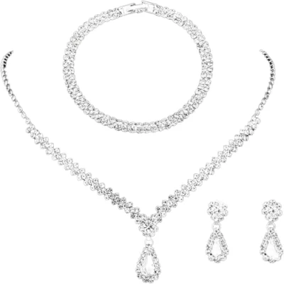 Afbeelding van TOEECY Bruidssieradenset, kristal, bruid, halsketting, zilver, vintage, strass, armband en oorbellen, sieradenset, bruiloft, feest
