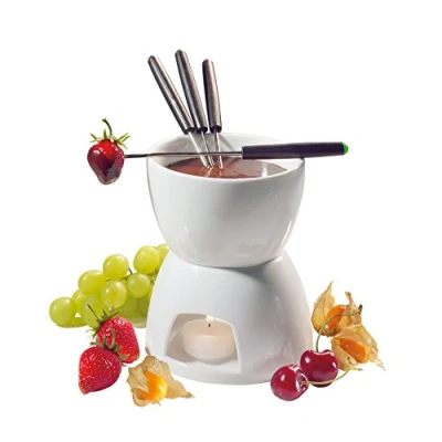 Afbeelding van Cilio Chocoladefondue 6 dl., Chocoladefondueset van vuurvast hard porselein, ø 12 cm, incl. fonduepan, rechaud, 4 fonduevorken en 1 theelicht, voor het onderdompelen fruit, wit