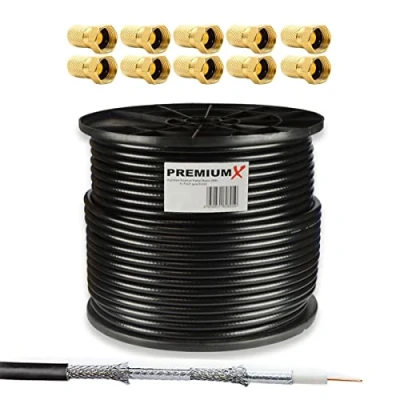 Afbeelding van Premium X Basic coaxkabel, 100 m, zwart, 135 dB, 4 voudig afgeschermd, SAT tv coax, antennekabel, satellietkabel, 10x F stekker