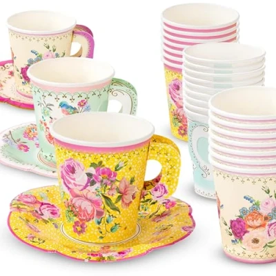 Afbeelding van Talking Table Set Van 12 Bloemen Thema Papieren bekers met kopjes en schotel, vintage, veelkleurig