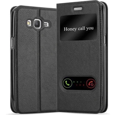 Afbeelding van Cadorabo Hoesje geschikt voor Samsung Galaxy GRAND PRIME in KOMEET ZWART Beschermhoes met magnetische sluiting, standfunctie en 2 kijkvensters Book Case Cover Etui