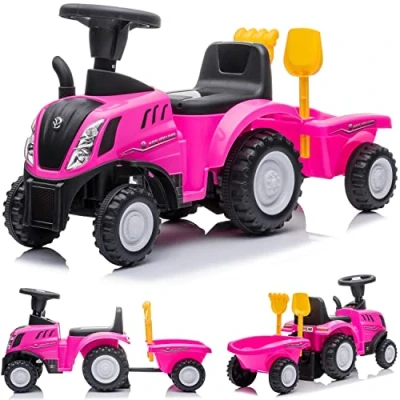 Afbeelding van Loopauto Kinderschuifauto New Holland, tractor met aanhanger, kindervoertuig loophulp claxon, kunststof (Roze)
