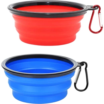 Afbeelding van 2x Opvouwbare Drinkbak/Voerbak Waterbak Kat en Hond Siliconen Drinkbak Voerbak Opvouwbaar Drinkbakje Reisvoerbak 350 ML Blauw + Rood