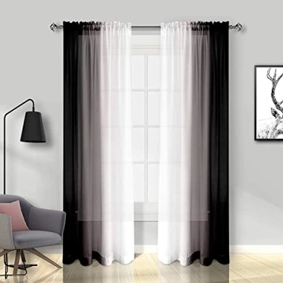 Afbeelding van Melodieux Zwarte Ombre Transparante Gordijnen Gradiënt Rod Pocket Voiles, 56x90 inch, 2 Panelen