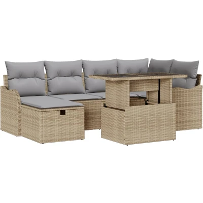 Afbeelding van vidaXL 7 Delige Tuin Sofa Set met Kussens Beige Poly Rattan, 2 Zitter Rattan