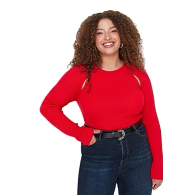 Afbeelding van Trendyol Dames ronde hals effen normale plus grootte trui sweater, Rood, 4XL, 4XL