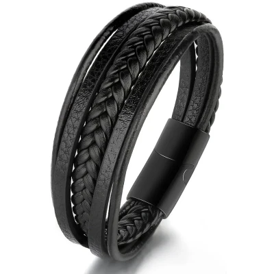 Afbeelding van Armband Heren Zwart Leer met Zwarte Sluiting Leren Armbanden Cadeau voor Man Mannen Cadeautjes