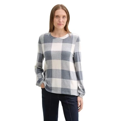 Afbeelding van TOM TAILOR T shirt met lange mouwen voor dames, 36150 Cosy Navy Print Check, L