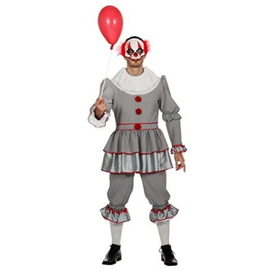 Afbeelding van Wilbers &amp; Monster Griezel Kostuum Grijze, Gruwelijk Grijnzende Clown Halloween Man Grijs Maat 50 Verkleedkleding