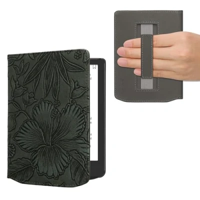 Afbeelding van kwmobile E reader hoesje geschikt voor Pocketbook Verse / Pro Color Vivlio Light HD hoes flip case met magneetsluiting Ereader cover Bloemen in reliëf design groen