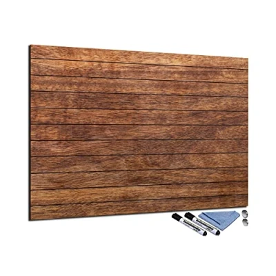 Afbeelding van Glazen magneetbord 70x100 cm whiteboard muur beschrijfbaar magnetisch prikbord keuken kantoor met accessoires weekplanner afwasbaar deco memoboard board houtlook bruin