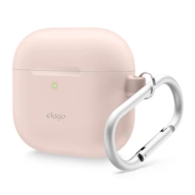 Afbeelding van elago Siliconen Hoesje Compatibel met AirPods 4 Karabijnhaak Inclusief, Ondersteunt Draadloos Opladen, Schokbestendig,volledige dekking (Zandroze)