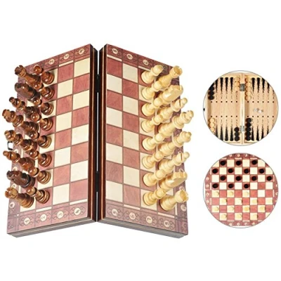 Afbeelding van Magnetic Travel Chess Set, 3 in 1 Portable Folding Wooden Game Board with Pieces 9.5&#039;&#039; X