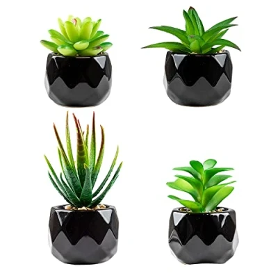 Afbeelding van Kunstplanten binnenshuis in potten, nepplanten buiten, mini zwart keramiek ingepot, groene vetplanten decor voor slaapkamer esthetisch, faux bureauplant badkamer, woonkamer, kantoordecoratie (4)