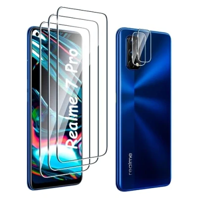 Afbeelding van QZYF Beschermfolie van gehard glas, compatibel met Realme 7 Pro en camera, geen luchtbellen, hardheid 9H, krasbestendig, HD displaybescherming voor Pro, 3 + 2 stuks