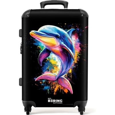 Afbeelding van NoBoringSuitcases.com® Kinderkoffer meisje Dolfijn met kleurrijke graffiti Kindertrolley meisjes Koffer kind groot Rolkoffer lichtgewicht Reiskoffer 4 wielen Grote trolley XL 20 kg bagage