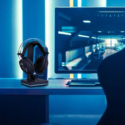Afbeelding van Dutch Originals Headset Stand LED licht Zwart Anti slip 4 USB 2.0 Ports, 12 x 25.3 cm