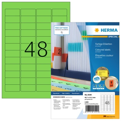Afbeelding van HERMA 4549 Gekleurde etiketten A4 (45,7 x 21,2 mm, 100 velles, papier, mat) zelfklevend, bedrukbaar, permanente Kleurige etiketten, 4.800 voor printer, groen
