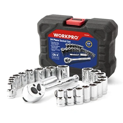 Afbeelding van WORKPRO 24 st Socket Set 3/8 &quot;Ratchet Drive Sockets Moersleutel, 11 Metrische &amp; 10 SAE Sockets, Extension Bar Bougie Rachet Spanners met Blow Gegoten Case