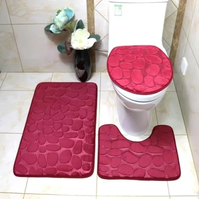 Afbeelding van ele ELEOPTION 3 delige antislip badmatset op voetstuk, toiletdekselafdekking, ademende traagschuim badmatten zacht comfortabel waterabsorberend toilet badkamertapijt (bordeauxrood)